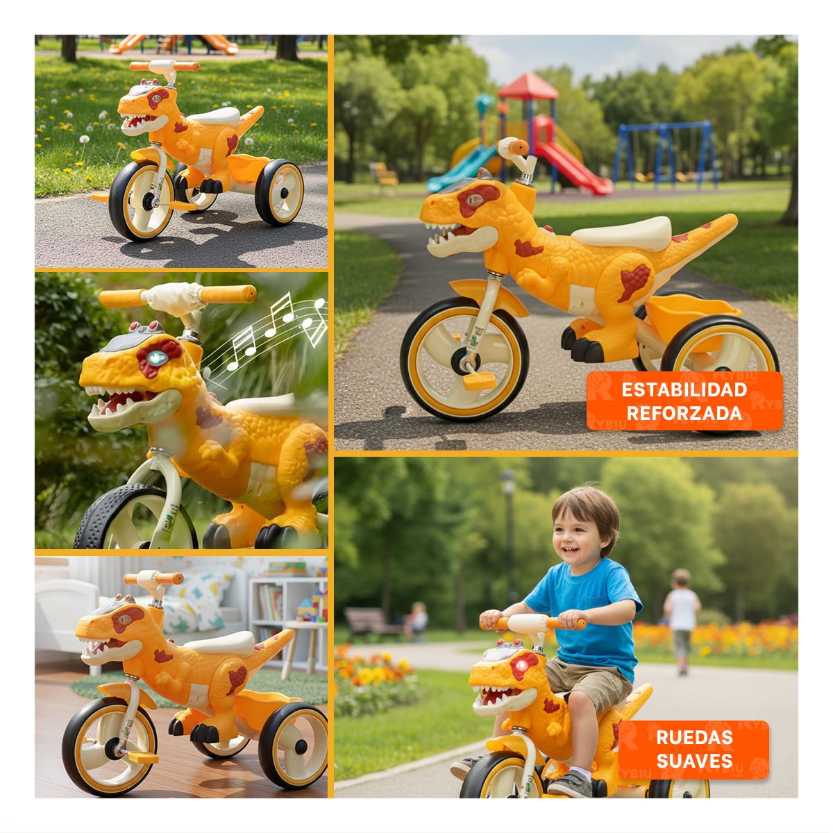 BICICLETA INFANTIL TIPO TRICICLO CON ESTILO DINOSAURIO COLOR AMARILLO 73X45X59CM YLIGAS REGALO - 5