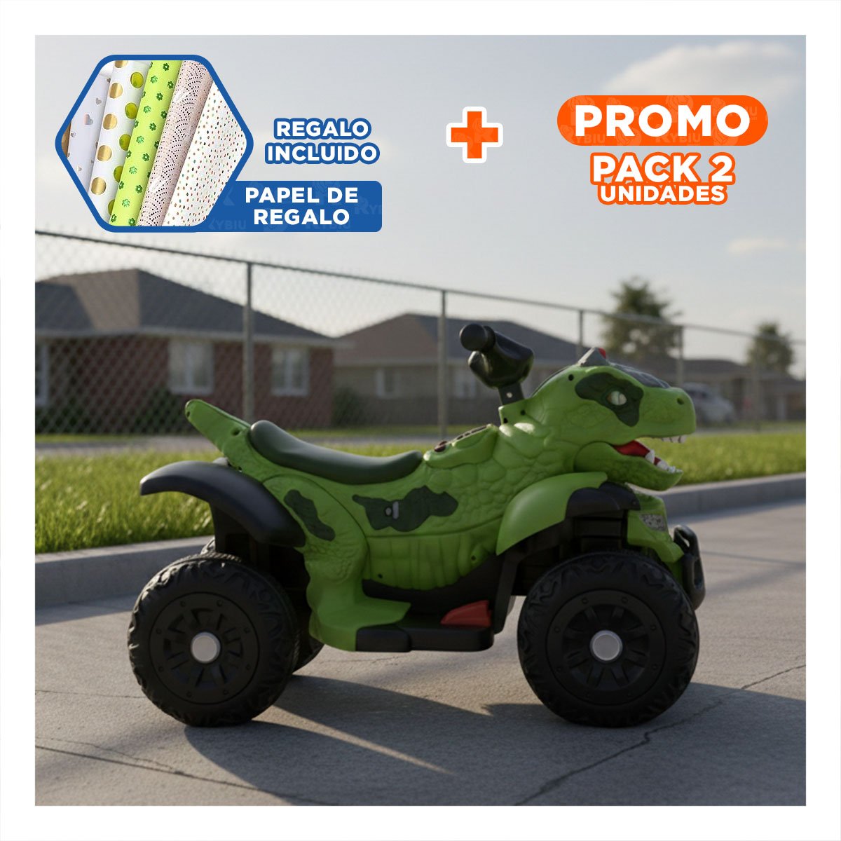 PACK2 MOTO DINOSAURIO DE CUATRO RUEDAS PARA PASEOS CORTOS COLOR VERDE 42X72X45CM YPAPEL REGALO - 1