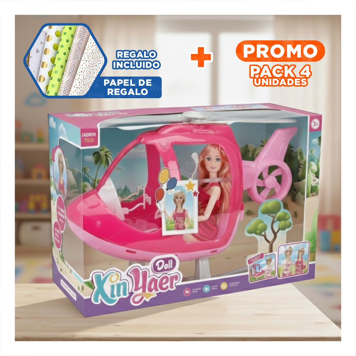 PACK4 EQUIPO AEREO ROSADO CON FIGURA INTERACTIVA PARA DIVERSION CREATIVA EN CASA YPAPEL REGALO - 1