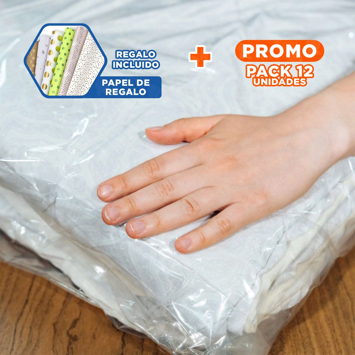 PACK12 FUNDA AL VACIO 90X120CM ANARANJADO PARA ORGANIZAR ROPA Y CASA LIMPIA YPAPEL REGALO - 1