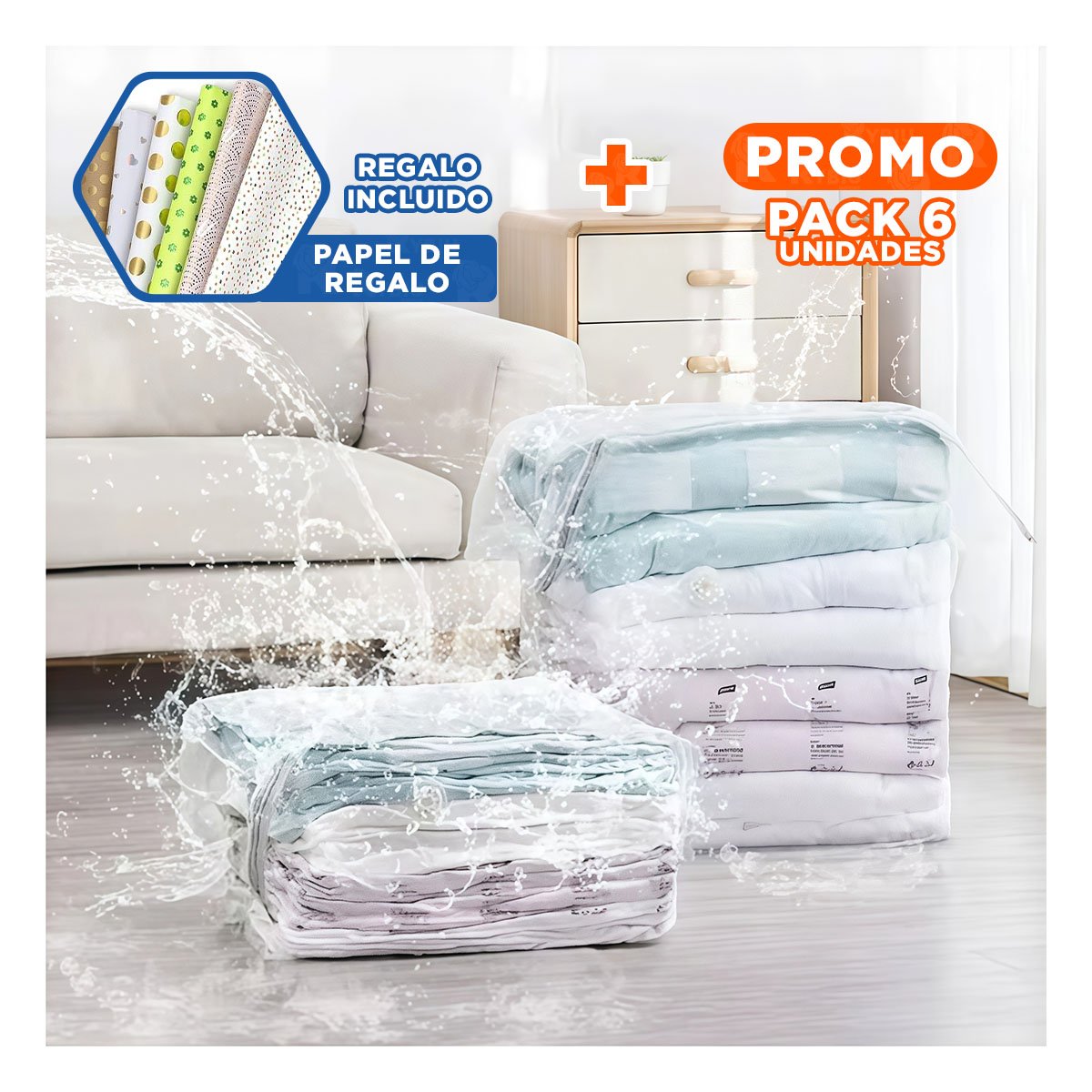 PACK6 IMPLEMENTO AL VACIO QUE REDUCE ESPACIO ROPA TRANSPARENTE EMPAQUE GRIS YPAPEL REGALO - 1