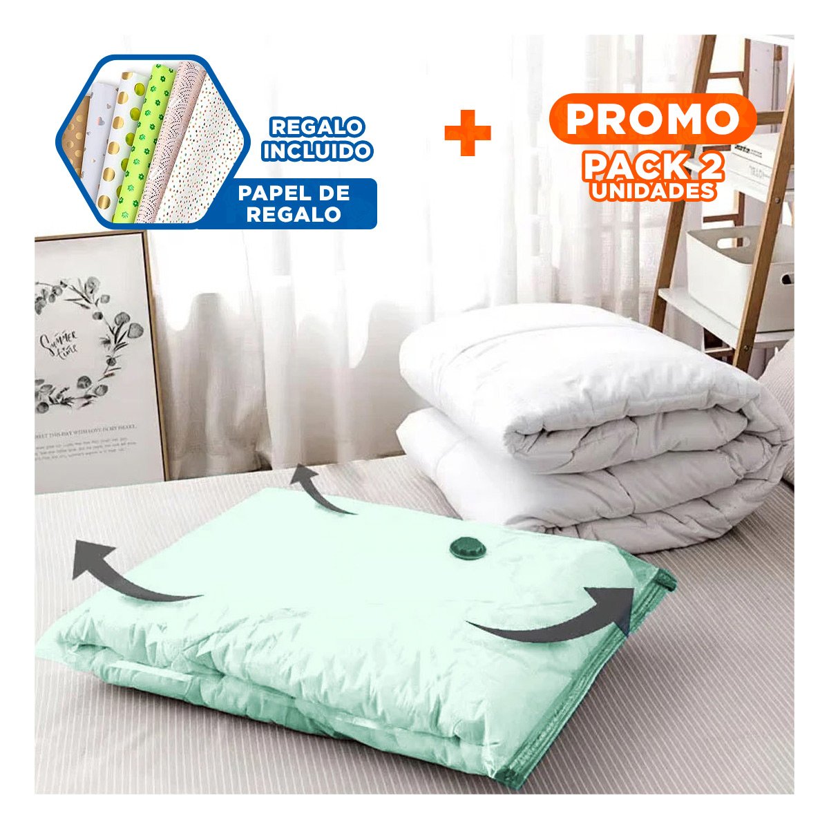 PACK2 ALMACENADOR AL VACIO COMPACTO PARA MENOR ESPACIO TRANSPARENTE VERDE YPAPEL REGALO - 1