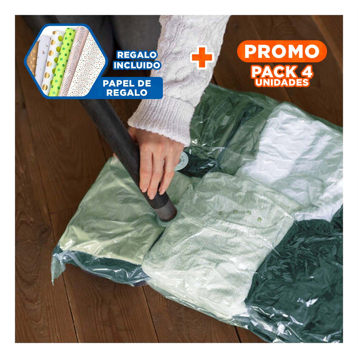 PACK4 ALMACENADOR AL VACIO EFICIENTE PARA ORGANIZAR TEXTILES TRANSPARENTE VERDE YPAPEL REGALO - 1