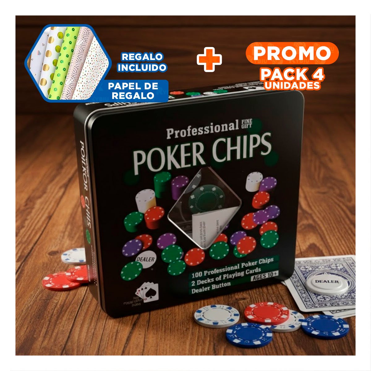 PACK4 ACCESORIOS CLASICOS DE POKER NEGRO PARA JUEGOS DE MESA YPAPEL REGALO - 1