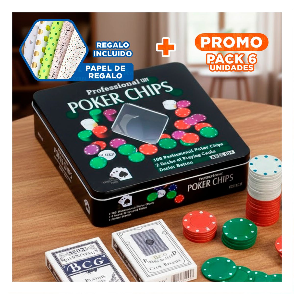PACK6 MATERIAL CLASICO DE POKER NEGRO PARA JUEGOS DE MESA YPAPEL REGALO - 1