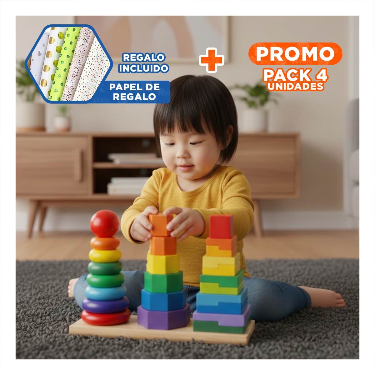 PACK4 CUBOS APILABLES MULTICOLOR PARA JUEGO CREATIVO EN ESPACIOS DE CASA YPAPEL REGALO - 1