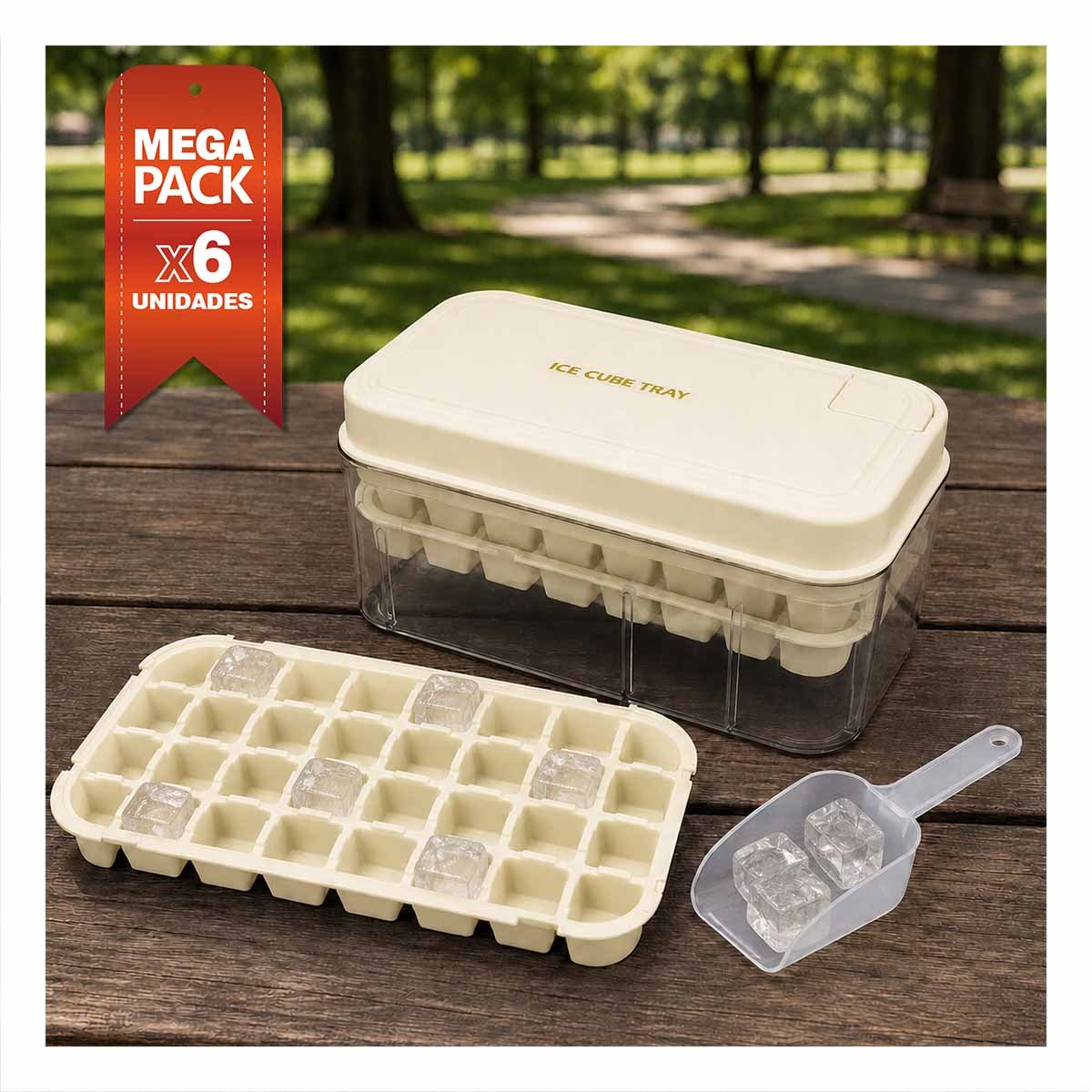 PACK6 CUBETERA PARA CUBOS BEIGE CON MOLDE DE HIELO DOBLE YREGALO STICKER - 1