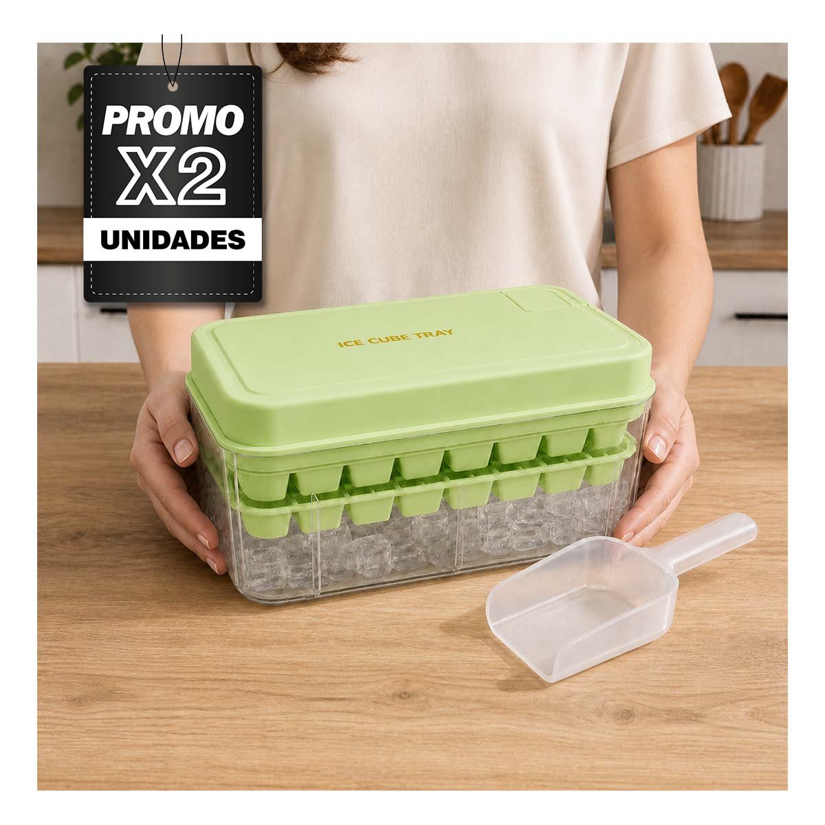 PACK2 HIELERA DE HIELO VERDE CON BANDEJAS DOBLES PARA CUBOS YPAPEL REGALO - 1