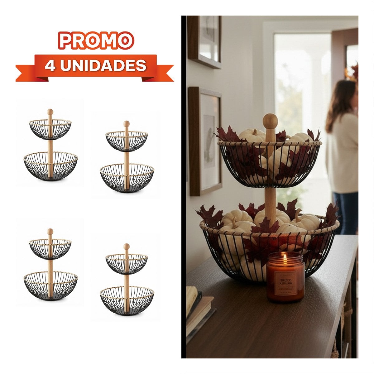 PACK4 CANASTO NEGRO Y MOSTAZA CIRCULAR PARA FRUTAS Y ALIMENTOS - 1