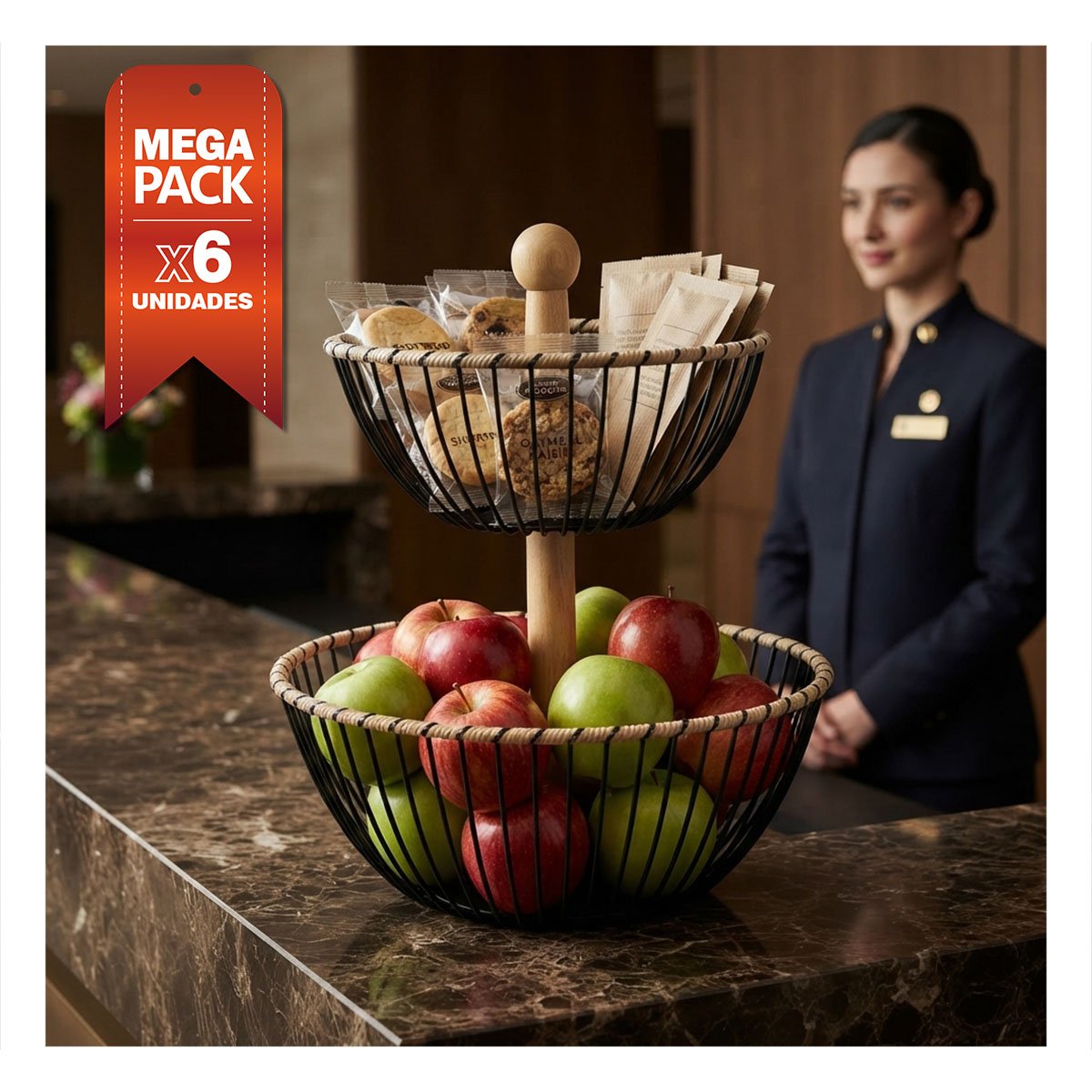 PACK6 FRUTERO DE COCINA NEGRO Y MOSTAZA CON DISEÑO DE 2 NIVELES YREGALO STICKER - 1