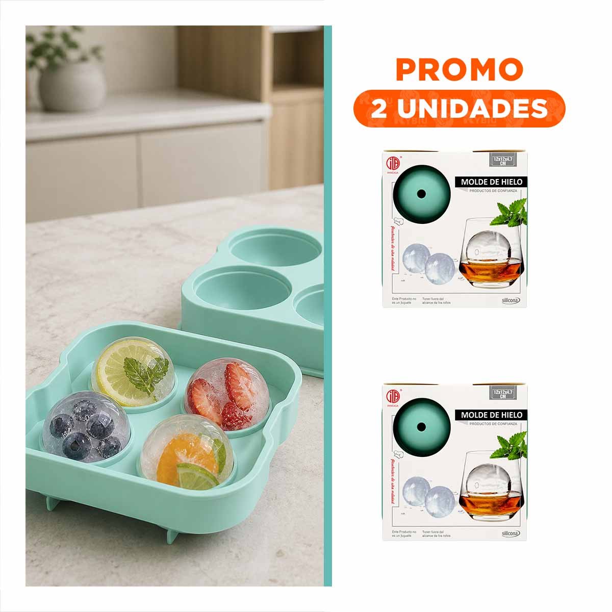 PACK2 HIELERA COLOR VERDE PARA PREPARAR CUBOS DE HIELO CON FORMA DE BOLAS YREGALO STICKER - 1