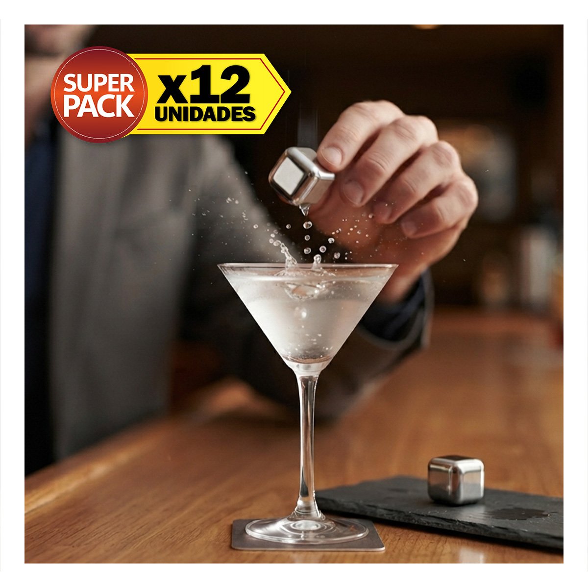 PACK12 KIT PLATEADO PARA BEBIDAS CON CUBOS DE HIELO DE ACERO YPAPEL REGALO - 1