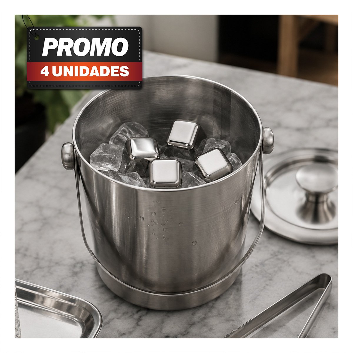 PACK4 KIT DE CUBOS DE HIELO PARA BAR CON ACERO PLATEADO REUTILIZABLE - 1