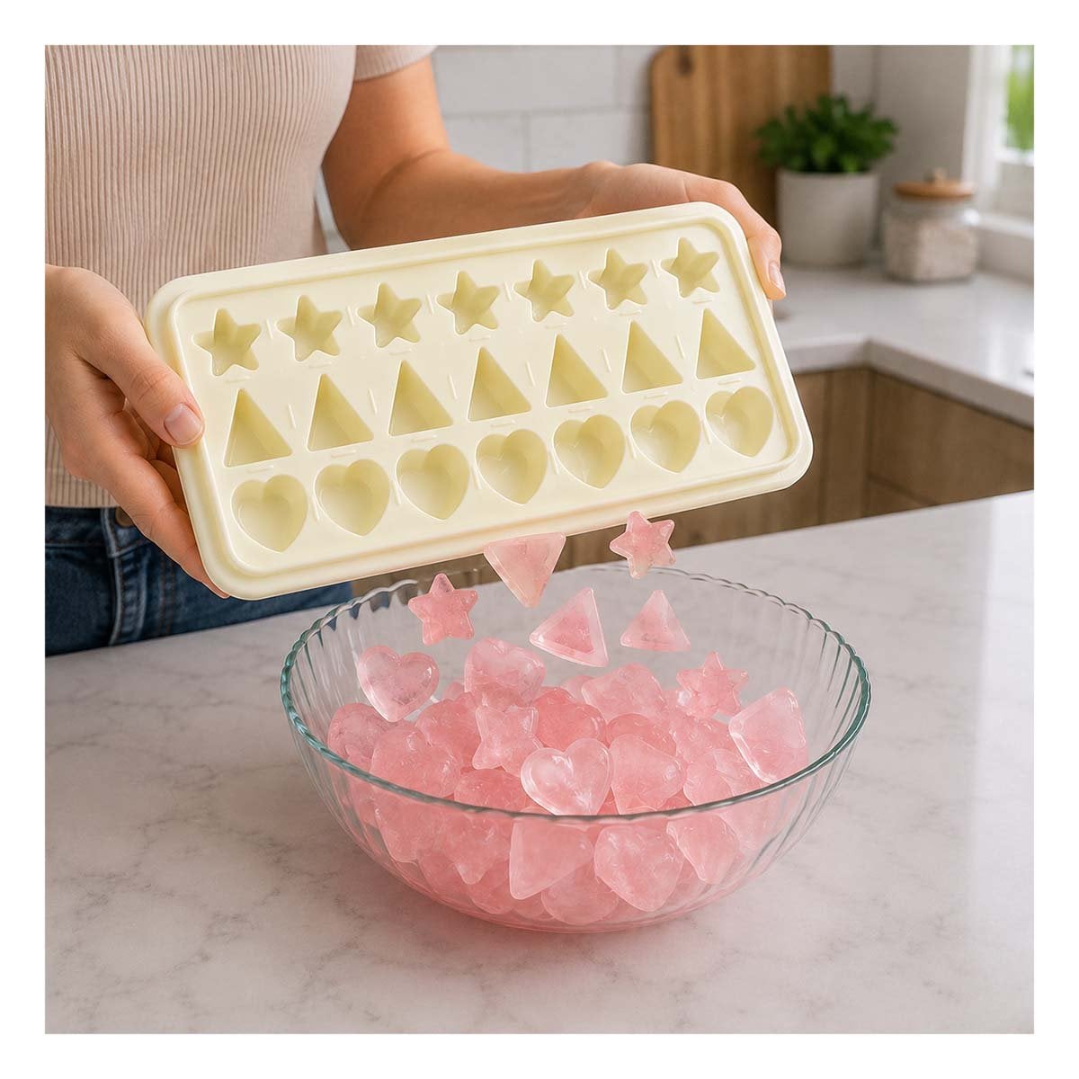 MOLDE DE HIELO CON FORMAS ESTRELLA TRIANGULO CORAZON COLOR CREMA Y STICKY - 1