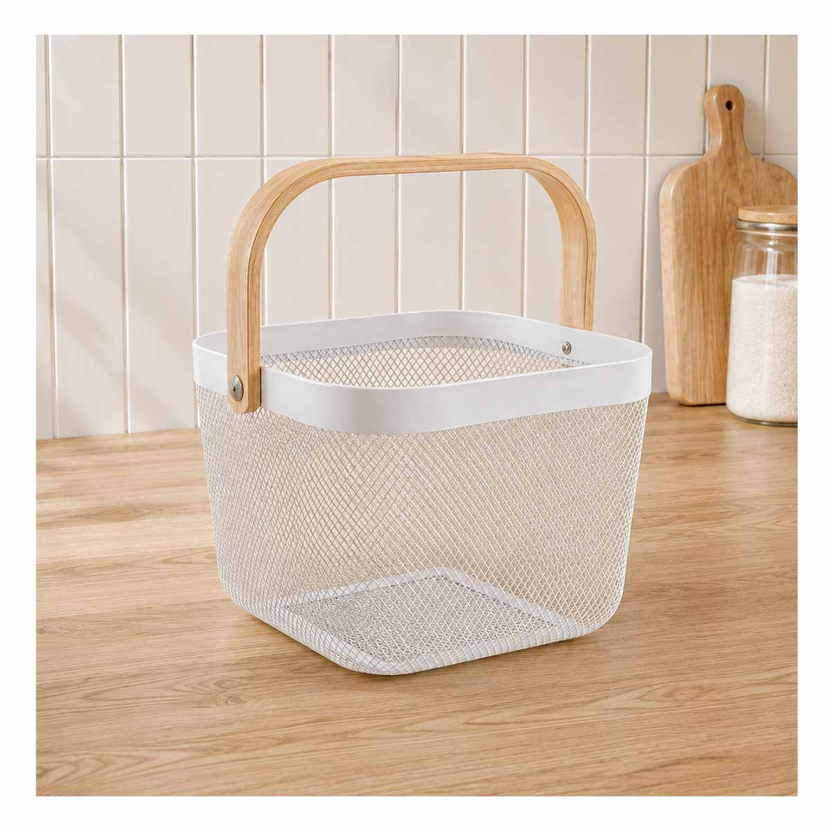 ORGANIZADOR BLANCO 24X24X18CM CON ASA DE MADERA Y MALLA PLASTICO CUADRADO Y LIGAS REGALO - 1