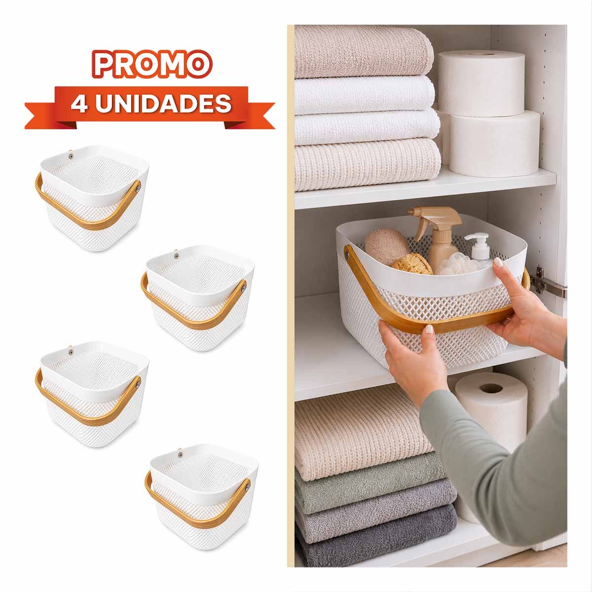PACK4 CANASTA DE COCINA BLANCO CON ASA DE MADERA CUADRADA 24X24X18CM MALLA PLASTICO - 1