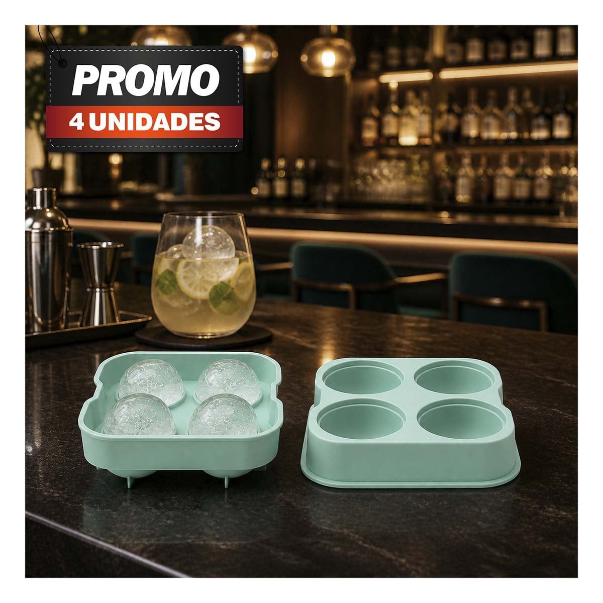 PACK4 MOLDE REUTILIZABLE DE HIELO 4 BOLAS VERDE PARA BEBIDAS 12X12X4,7CM - 1