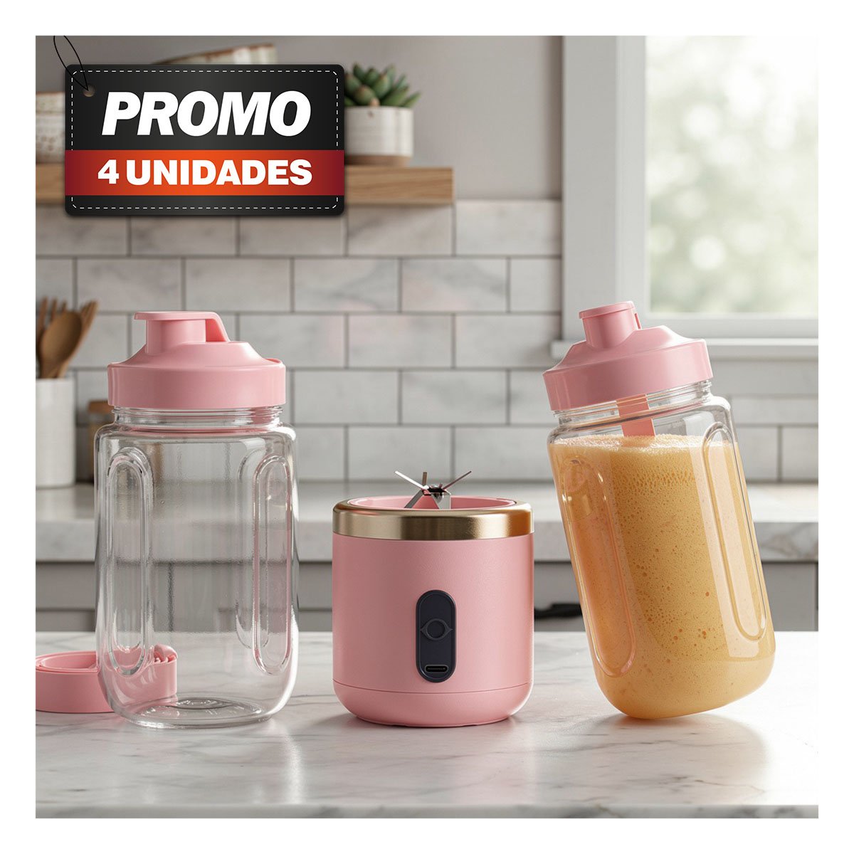 PACK4 MEZCLADOR DE JUGOS PORTATIL ROSADO CON VASO 400ML PRACTICO YPAPEL REGALO - 1