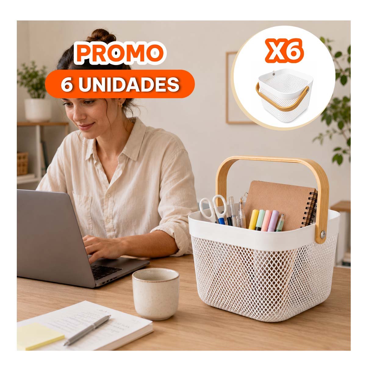 PACK6 ORGANIZADOR PARA COCINA BLANCO CUADRADO 24X24X18CM MALLA PLASTICO ASA DE MADERA - 1
