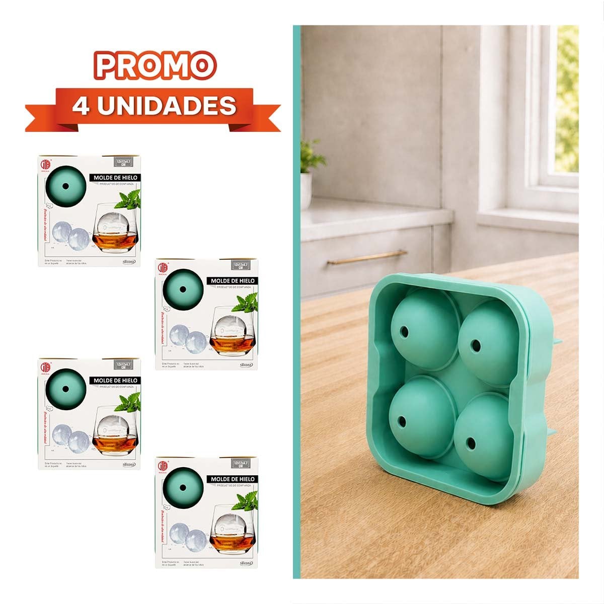 PACK4 CUBETERA PARA CREAR HIELO 4 BOLAS COLOR VERDE EN CASA 12X12X4,7CM YREGALO STICKER - 1