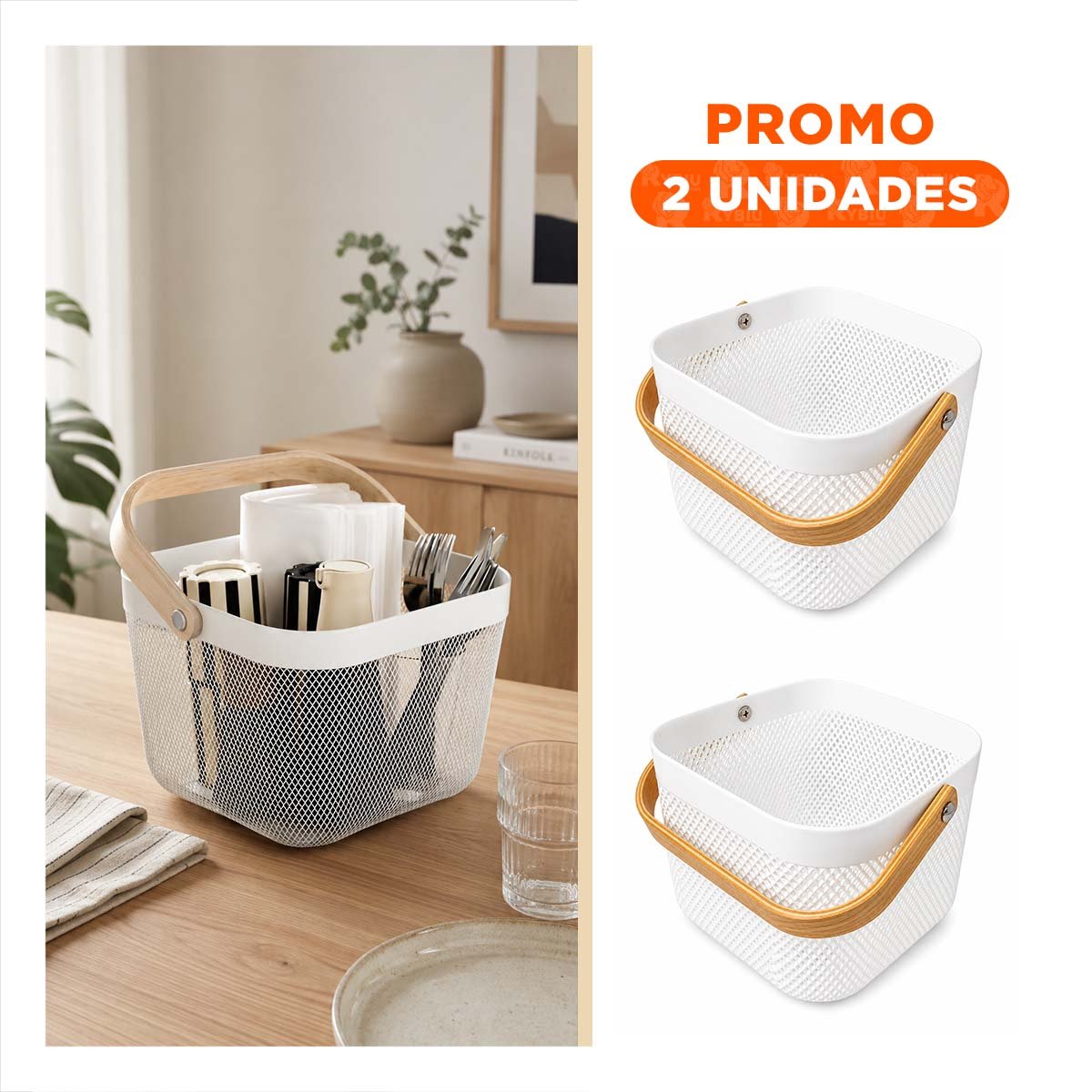PACK2 CANASTILLA CON DISEÑO CUADRADO BLANCO ASA DE MADERA 24X24X18CM MALLA PLASTICO - 1