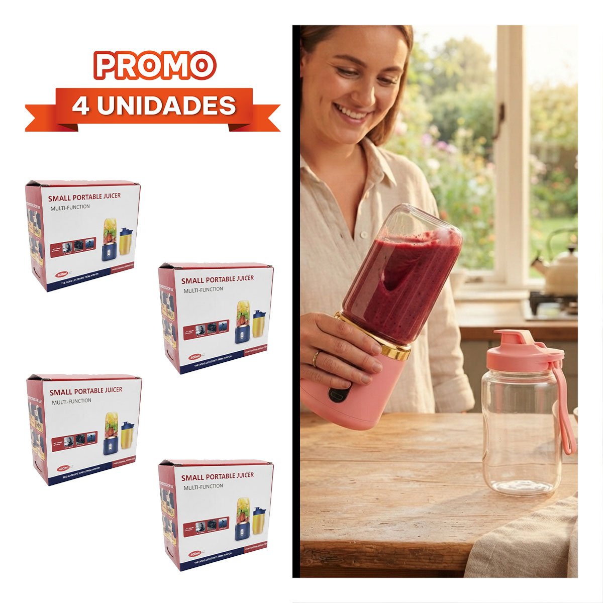 PACK4 BATIDORA PERSONAL PORTATIL CON VASO ROSADO PARA JUGOS Y BEBIDAS - 1