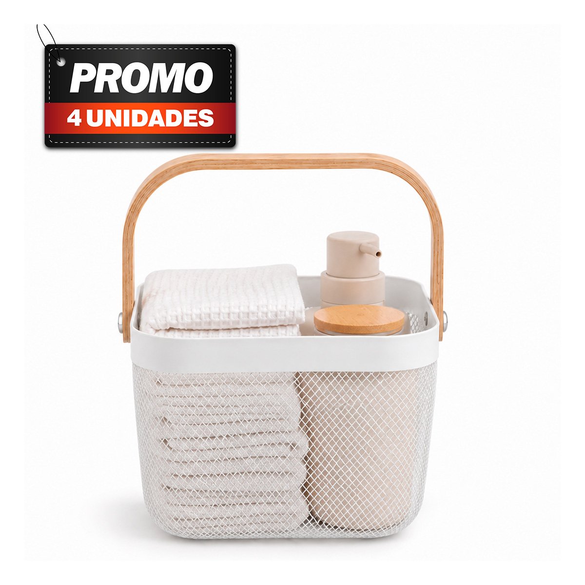 PACK4 CANASTILLA PARA ACCESORIOS CON ASA DE MADERA MALLA PLASTICO BLANCO YPAPEL REGALO - 1