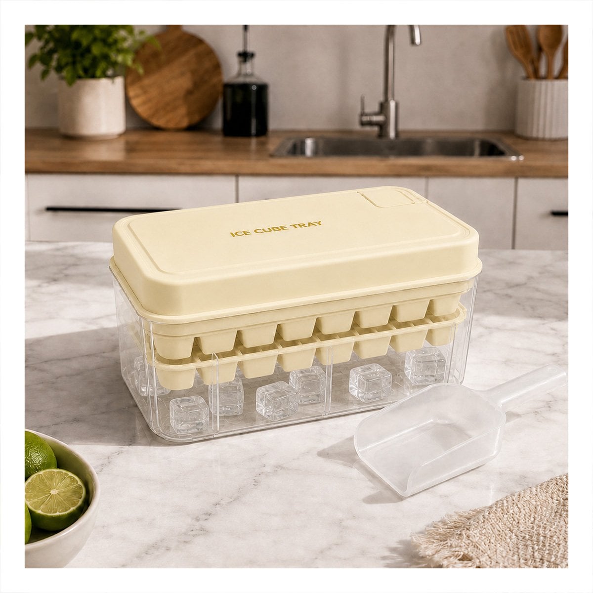 MOLDE PARA CUBOS BEIGE CON BANDEJAS DOBLES DE HIELO Y LIGAS REGALO - 1