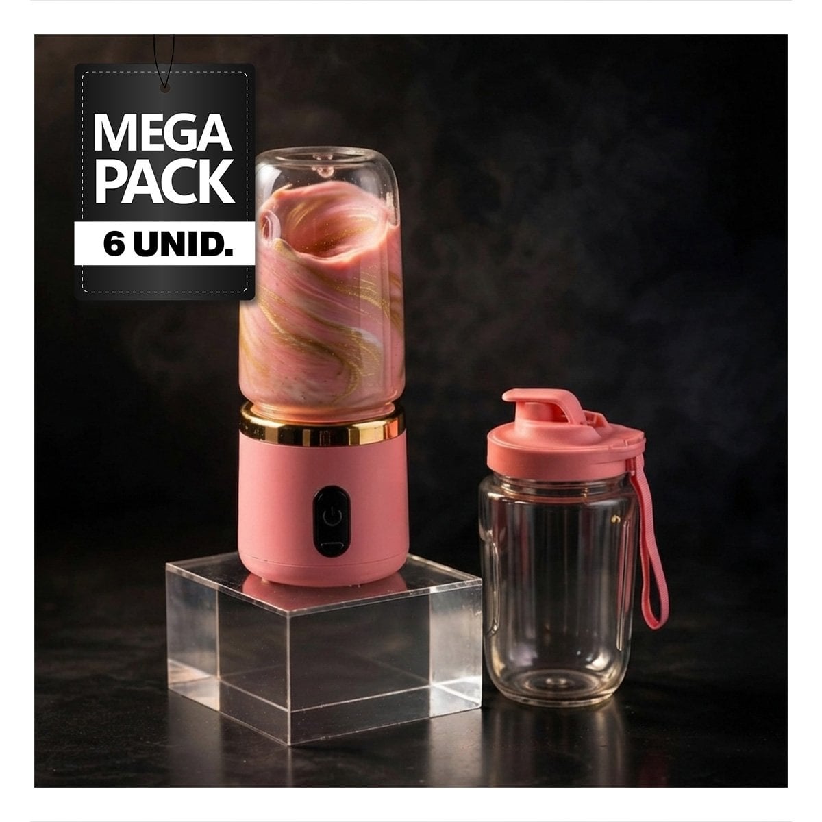PACK6 MEZCLADOR ROSADO CON VASO 400ML PARA FRUTAS Y BEBIDAS NATURALES YPAPEL REGALO - 1