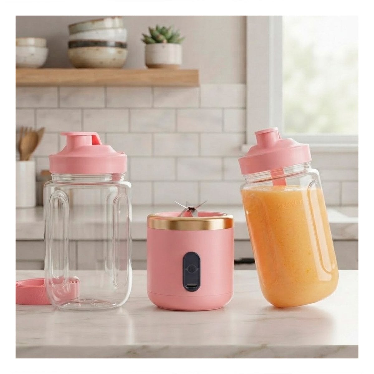 PACK6 MEZCLADOR ROSADO CON VASO 400ML PARA FRUTAS Y BEBIDAS NATURALES YPAPEL REGALO - 2