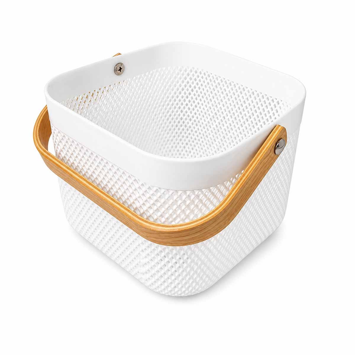 CANASTA PARA COCINA CUADRADA ASA DE MADERA BLANCO MALLA PLASTICO 24X24X18CM Y STICKY - 1