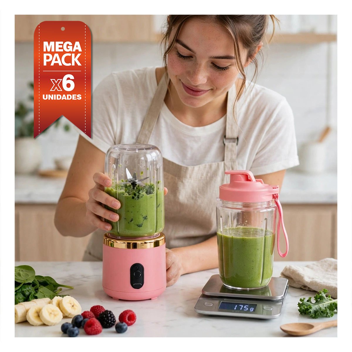 PACK6 LICUADORA PORTATIL CON VASO ROSADO PARA COCINA Y OFICINA 400ML YREGALO STICKER - 1