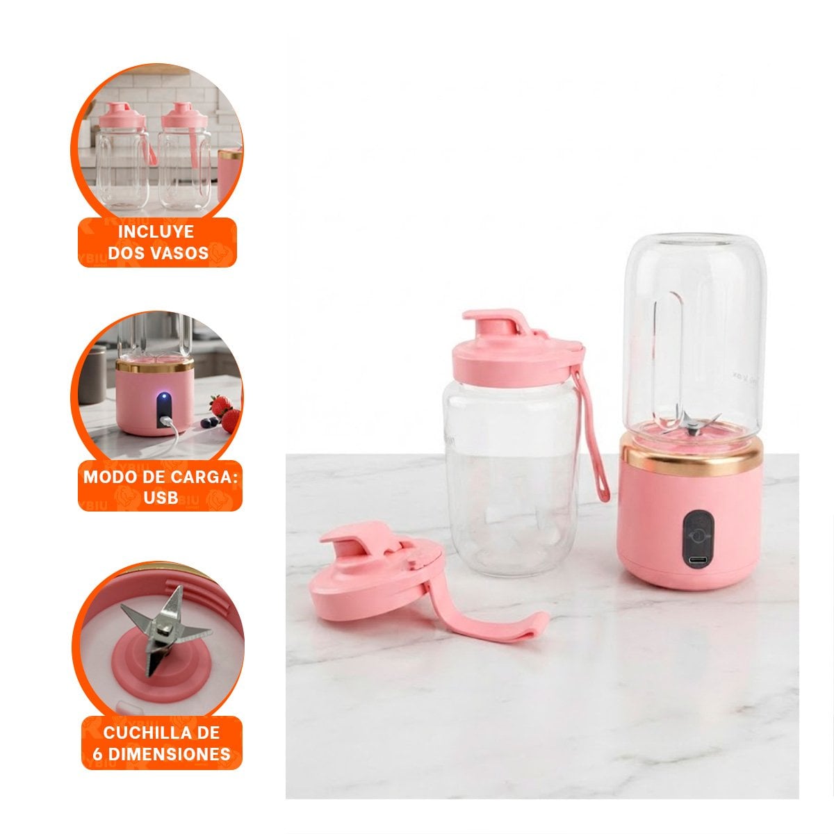 PACK6 LICUADORA PORTATIL CON VASO ROSADO PARA COCINA Y OFICINA 400ML YREGALO STICKER - 4