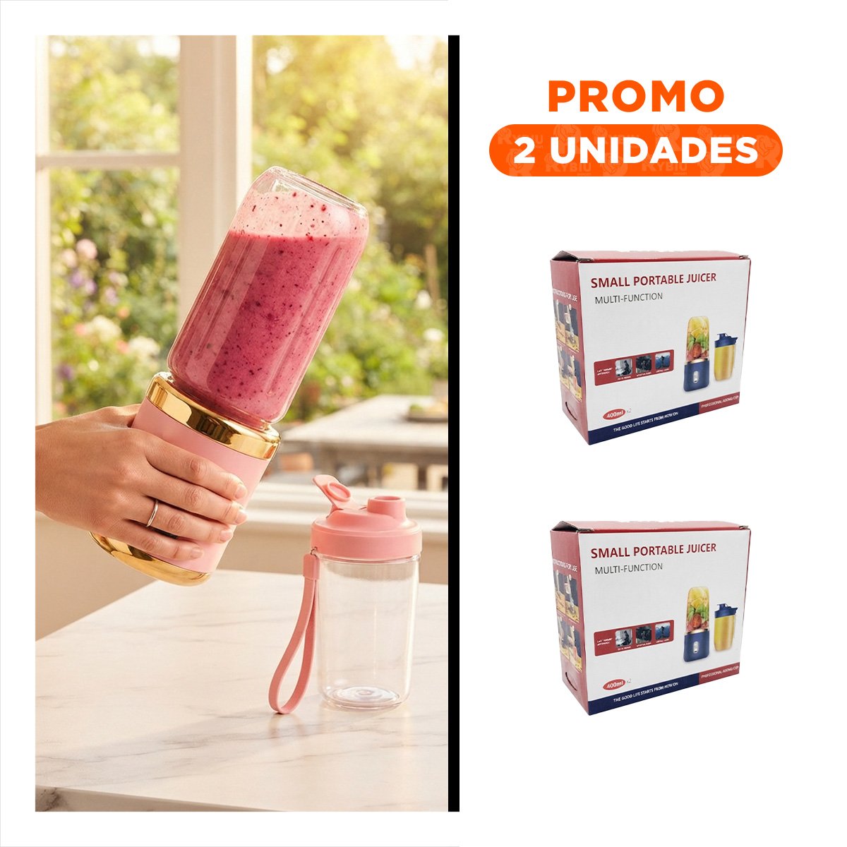 PACK2 BATIDORA COMPACTA ROSADO CON VASO PORTATIL PARA USO DIARIO 400ML - 1