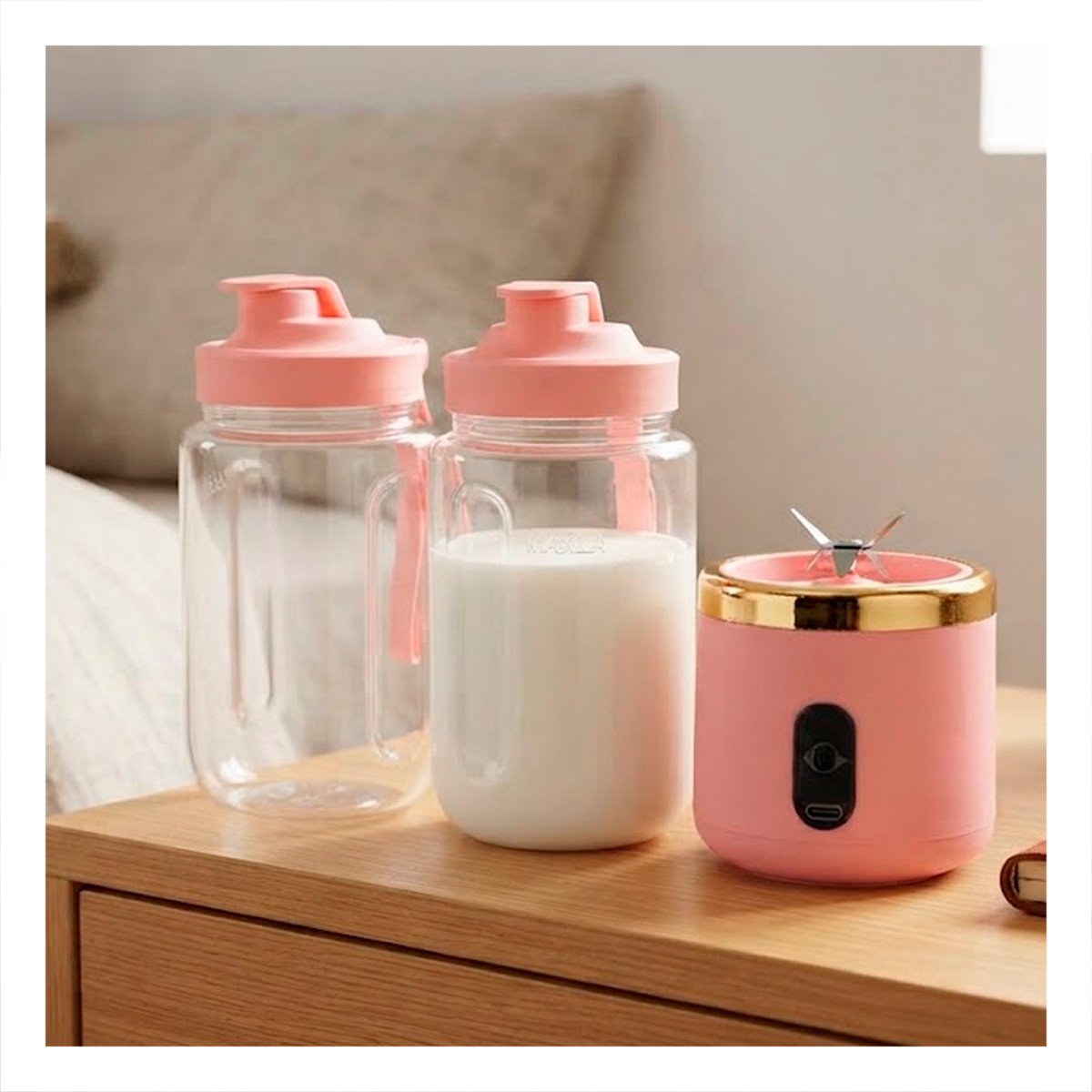 PACK2 BATIDORA COMPACTA ROSADO CON VASO PORTATIL PARA USO DIARIO 400ML - 2