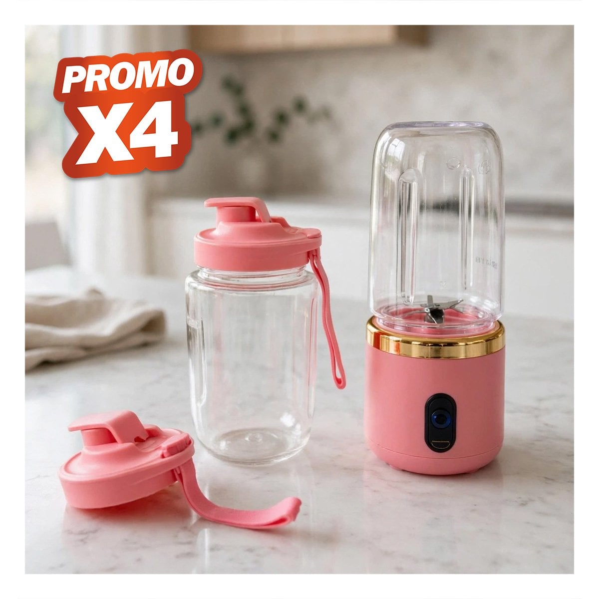 PACK4 LICUADORA MINI PORTATIL ROSADO CON VASO PARA BEBIDAS FRIAS 400ML YREGALO STICKER - 1
