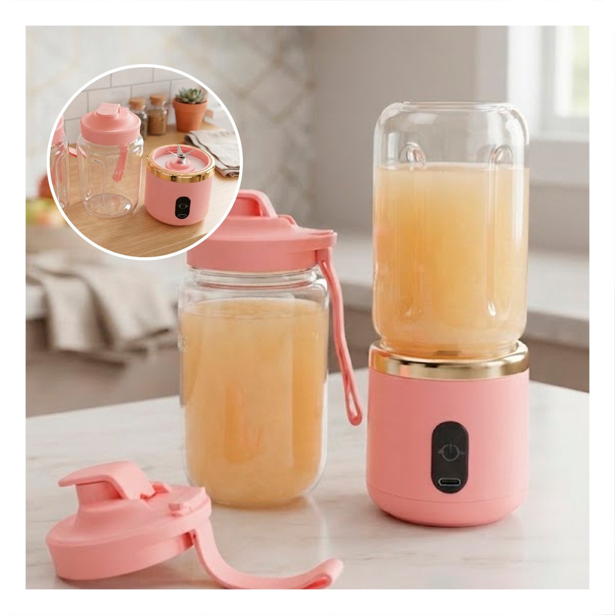 PACK4 LICUADORA MINI PORTATIL ROSADO CON VASO PARA BEBIDAS FRIAS 400ML YREGALO STICKER - 2