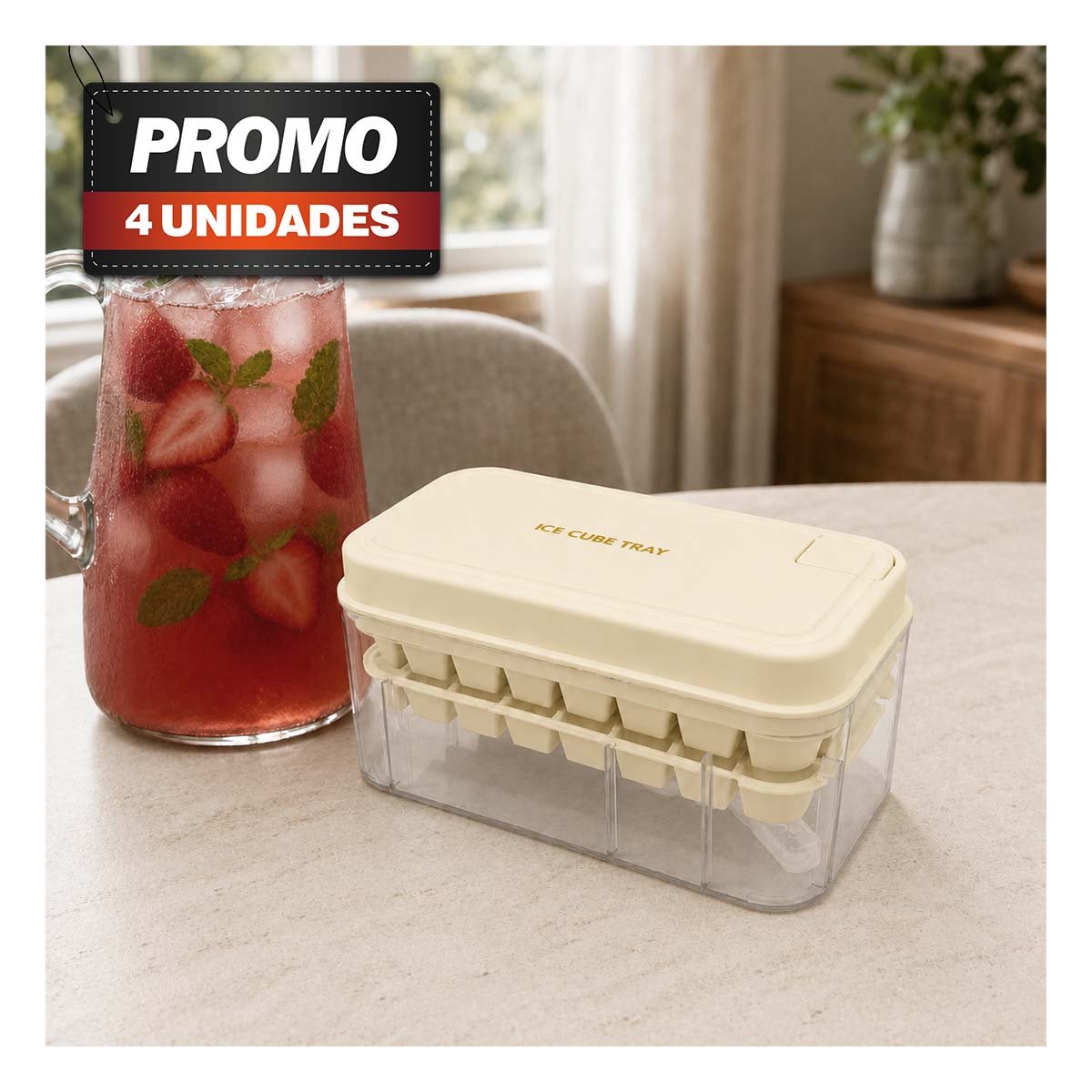 PACK4 CUBETERA CON SISTEMA DE 2 BANDEJAS PARA HIELO BEIGE YPAPEL REGALO - 1