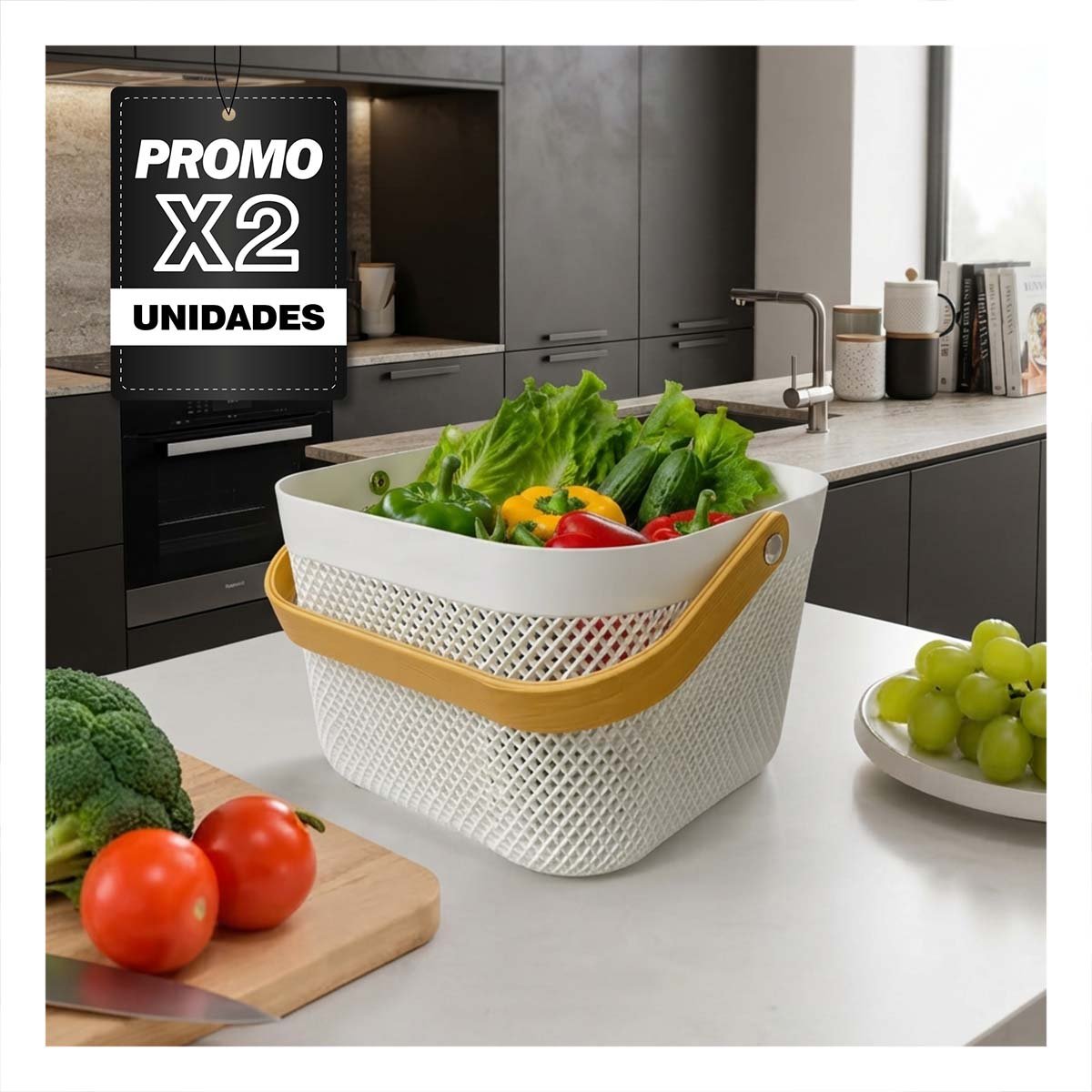 PACK2 CONTENEDOR PARA ORGANIZAR CUADRADO BLANCO 24X24X18CM CON ASA DE MADERA YPAPEL REGALO - 1
