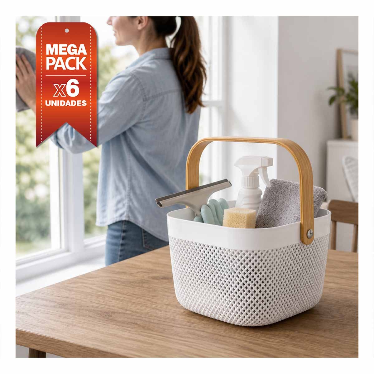 PACK6 CANASTILLA BLANCO CON MALLA PLASTICO 24X24X18CM ASA DE MADERA CUADRADA YREGALO STICKER - 1
