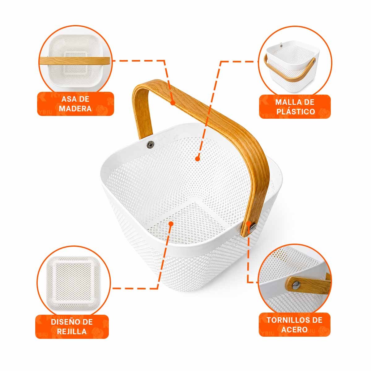 PACK6 CANASTILLA BLANCO CON MALLA PLASTICO 24X24X18CM ASA DE MADERA CUADRADA YREGALO STICKER - 4