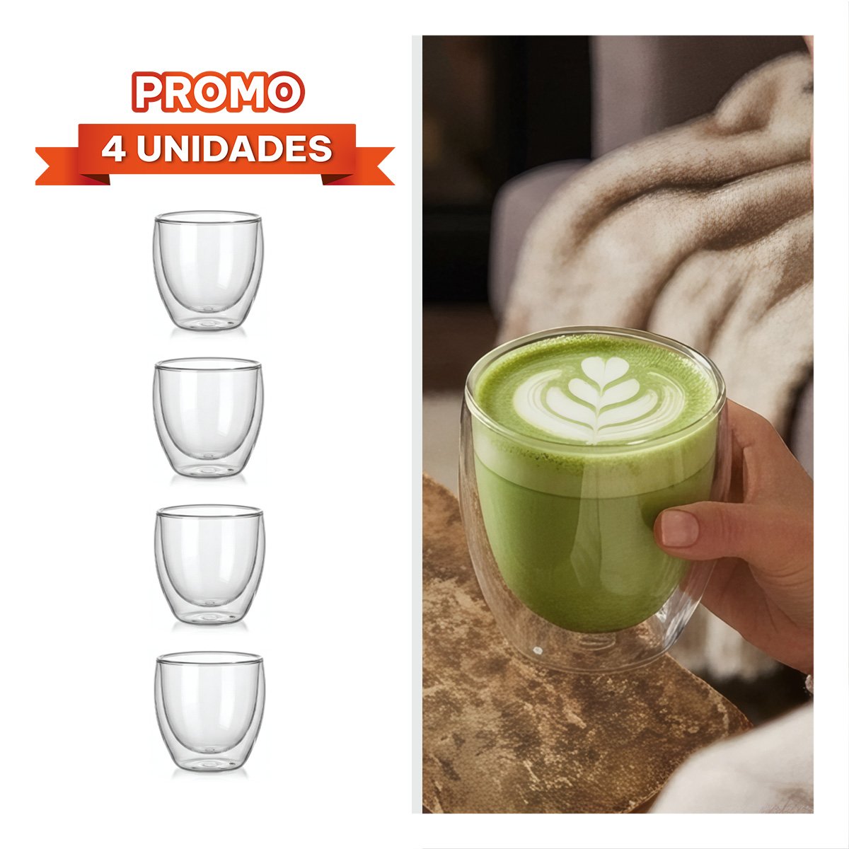 PACK4 RECIPIENTE TRANSPARENTE PARA CAFÉ ESPRESSO DE VIDRIO DOBLE CAPA 10X10CM - 1