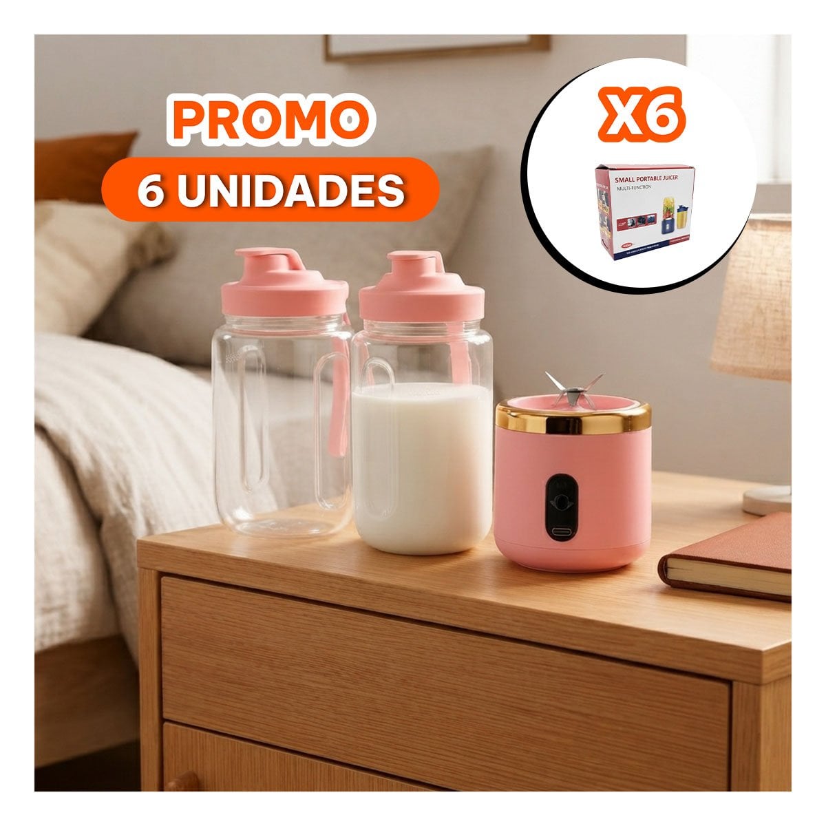 PACK6 BATIDORA ROSADO CON VASO INDIVIDUAL PORTATIL PARA PREPARACIONES - 1