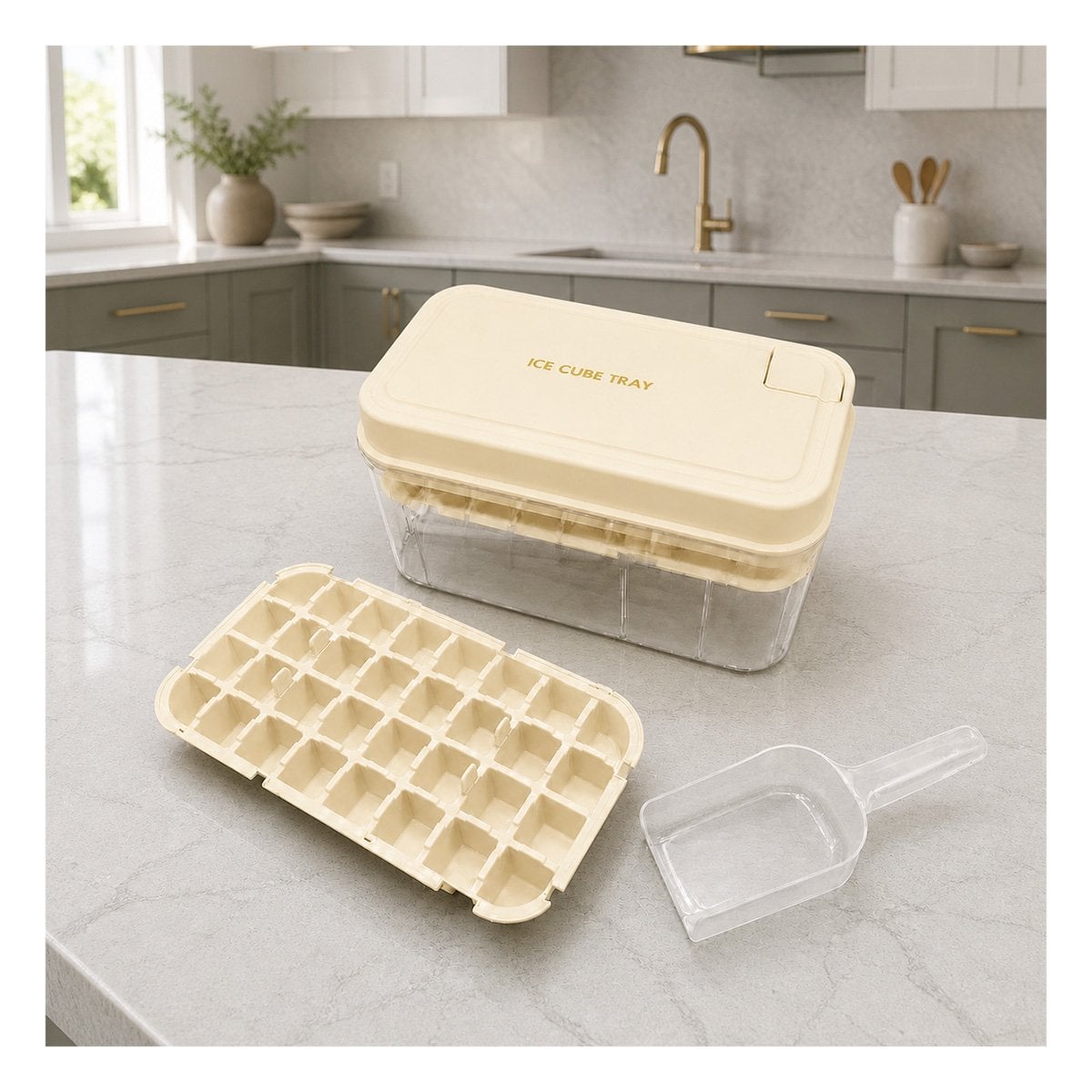 PACK2 HIELERA DE HIELO BEIGE CON BANDEJAS DOBLES PARA CUBOS YPAPEL REGALO - 2