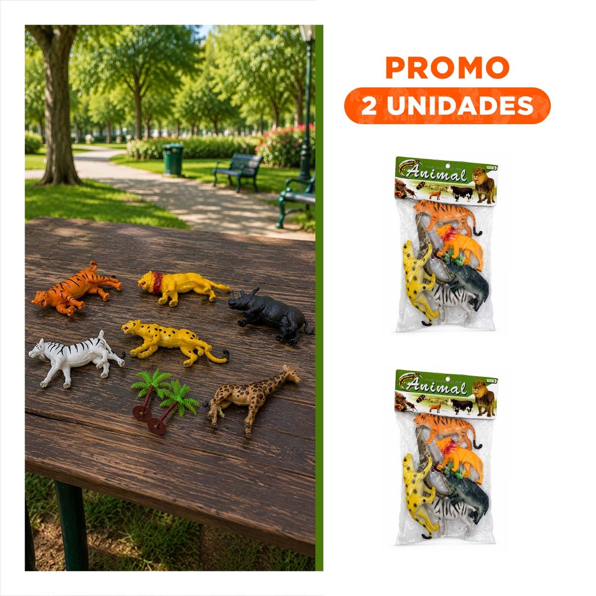 PACK2 KIT BOLSA ANIMALES SILVESTRES 6 PIEZAS Y 2 PALMERAS MULTICOLOR CON FINO - 1