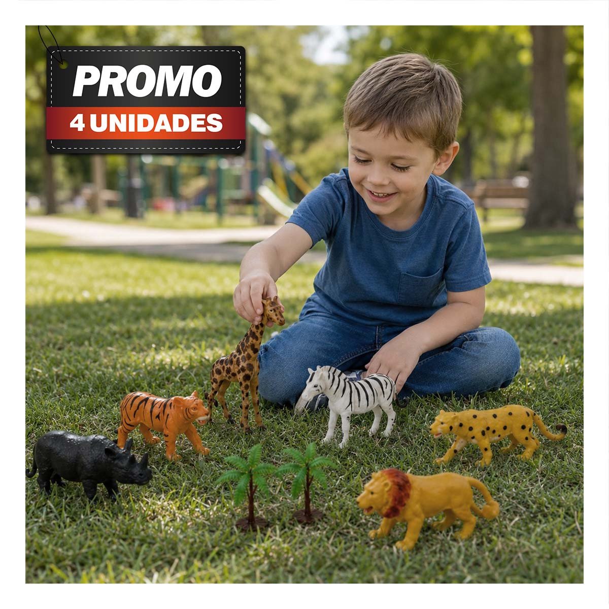 PACK4 KIT BOLSA ANIMALES SILVESTRES 6 PIEZAS Y 2 PALMERAS MULTICOLOR COMODO YPAPEL REGALO - 1