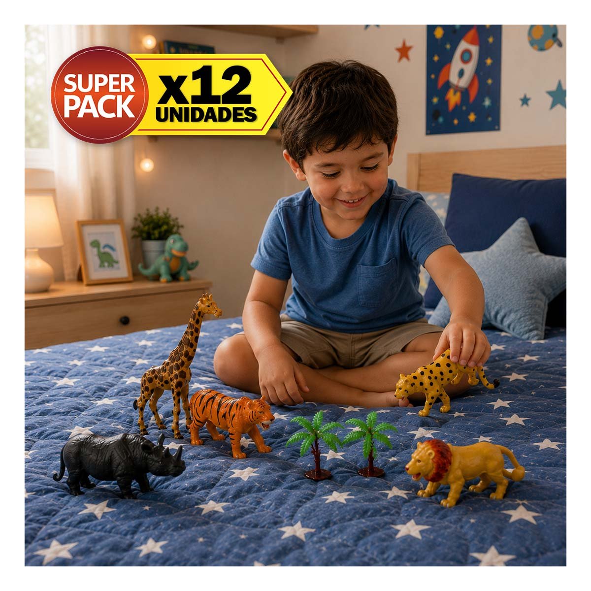 PACK12 PAQUETE DE ANIMALES SILVESTRES 6 PIEZAS Y 2 PALMERAS MULTICOLOR YREGALO STICKER - 1