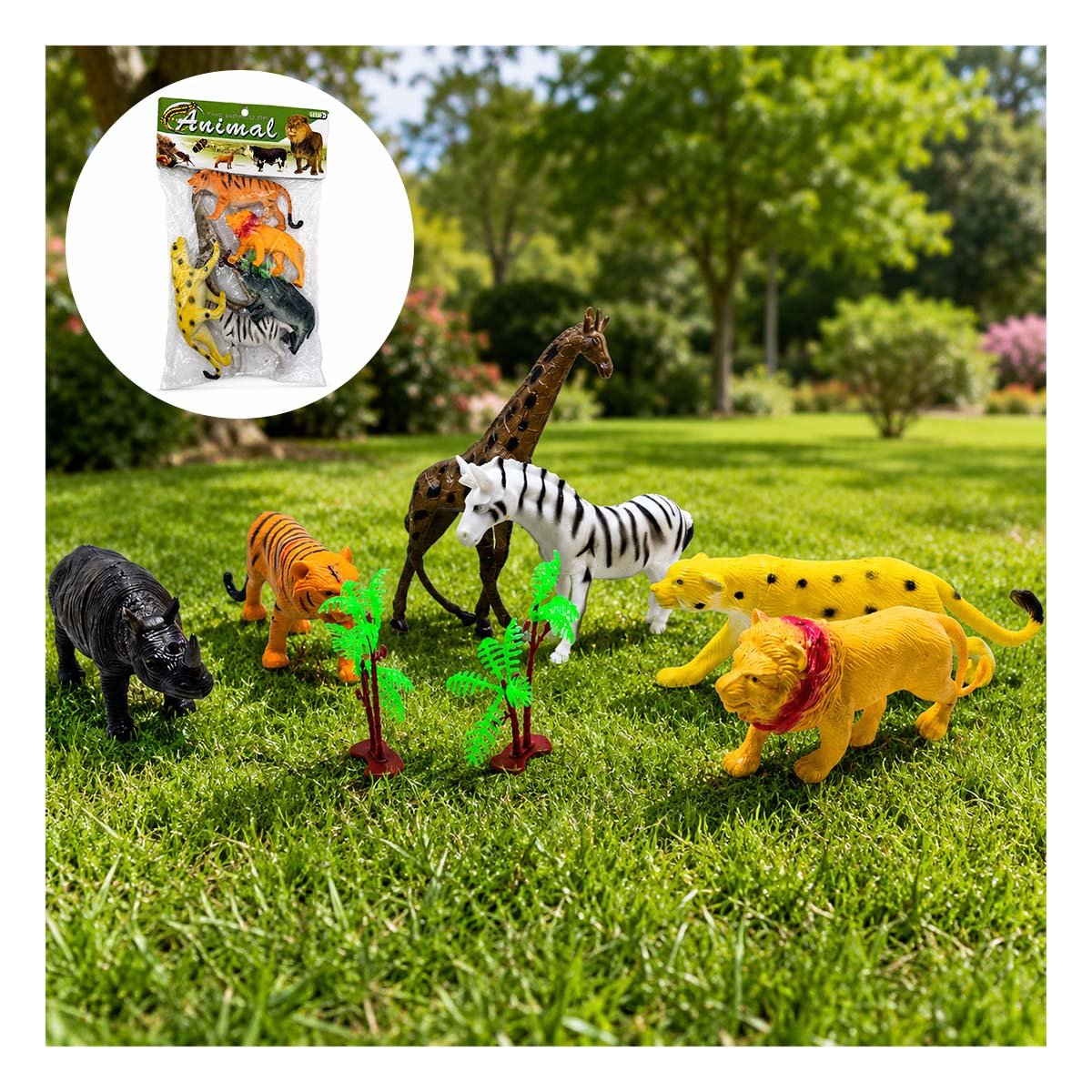PACK12 PAQUETE DE ANIMALES SILVESTRES 6 PIEZAS Y 2 PALMERAS MULTICOLOR YREGALO STICKER - 2