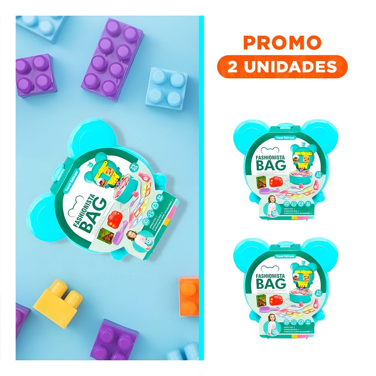 PACK2 VALIJA INFANTIL OREJITAS MALETA DE VIAJE 25 PZS CELESTE PARA NINOS - 1