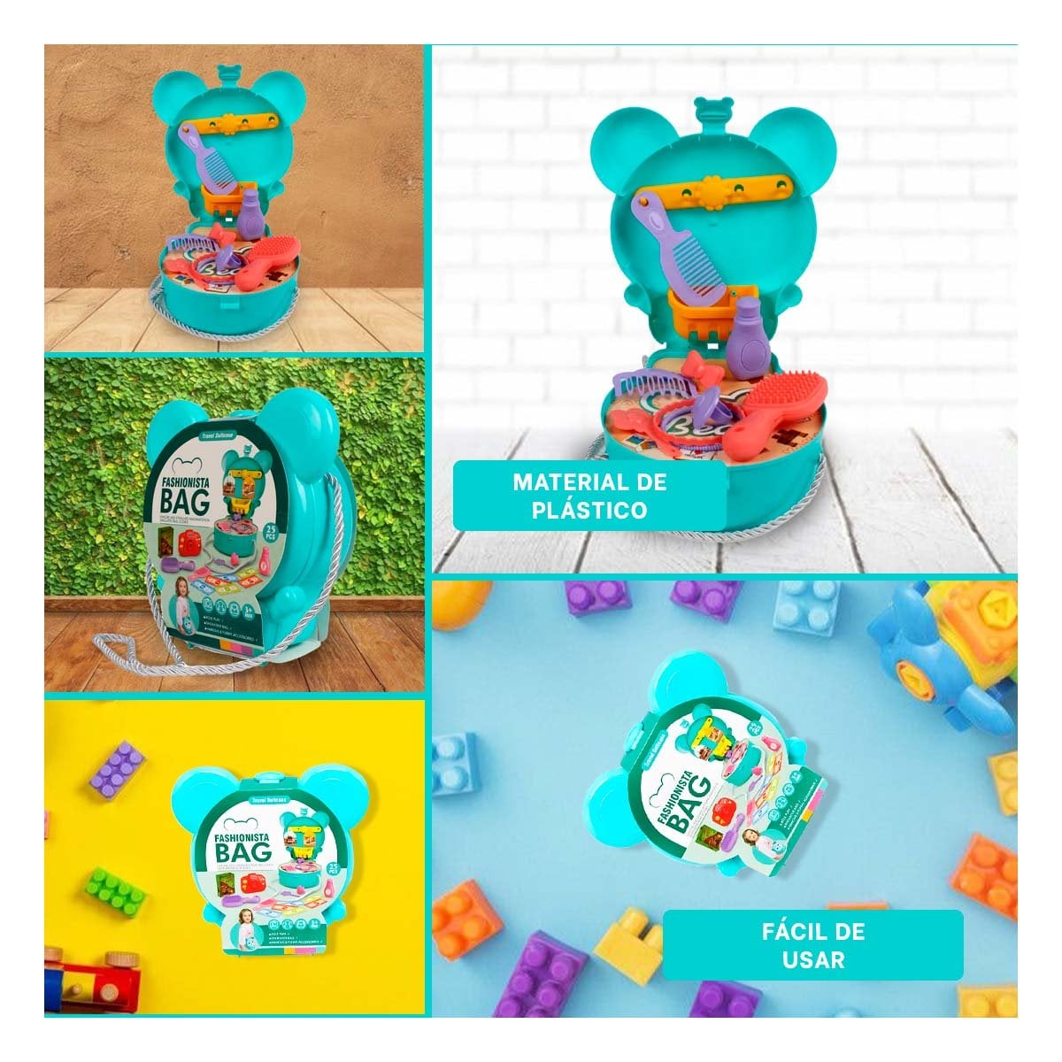 VALIJA INFANTIL OREJITAS TIPO MALETA DE VIAJE 25 PZS CELESTE CON ACCESORIOS YSTICKY - 1